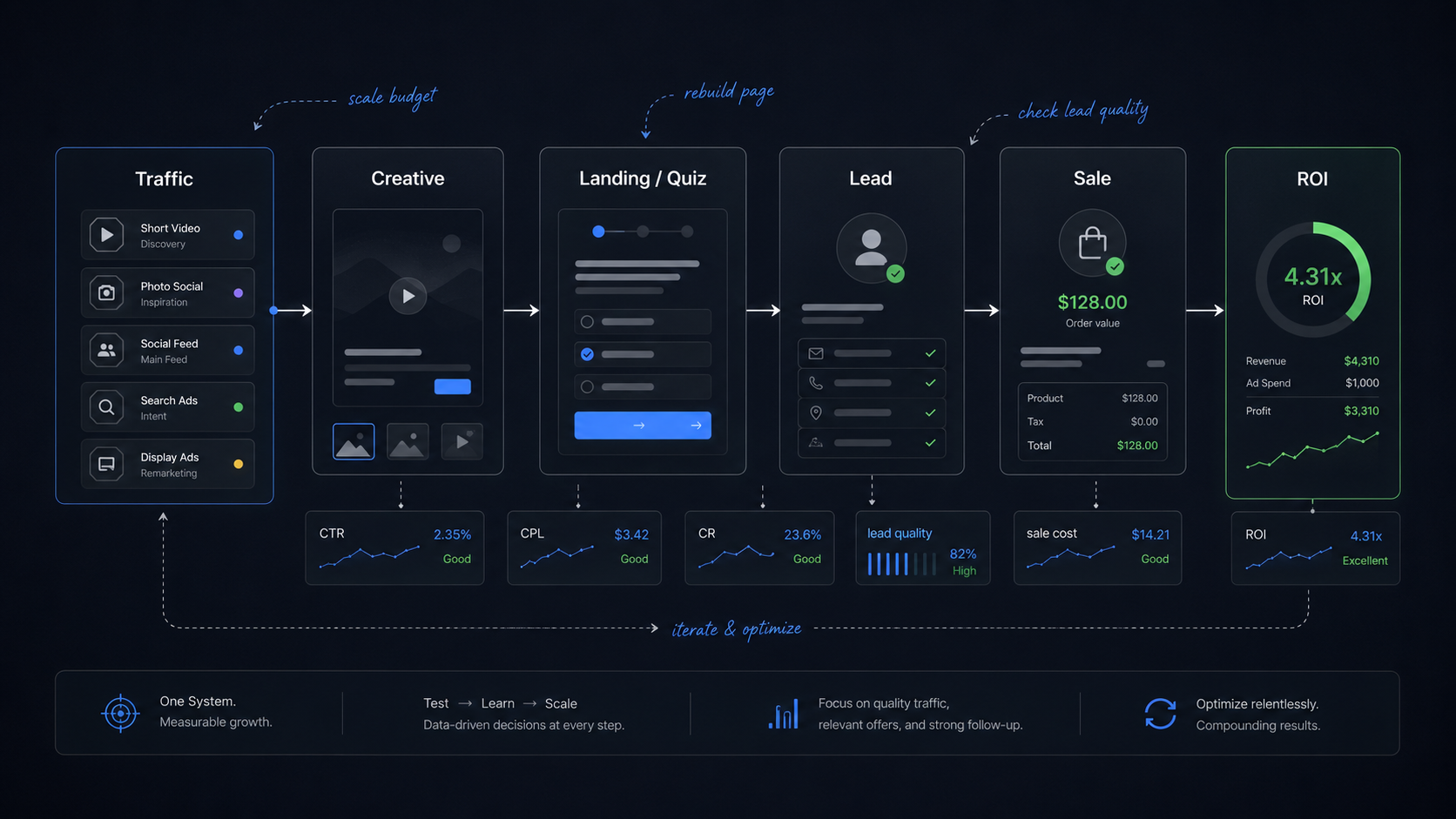 Conversion pipeline: traffic, creative, landing, quiz, lead, sale and ROI